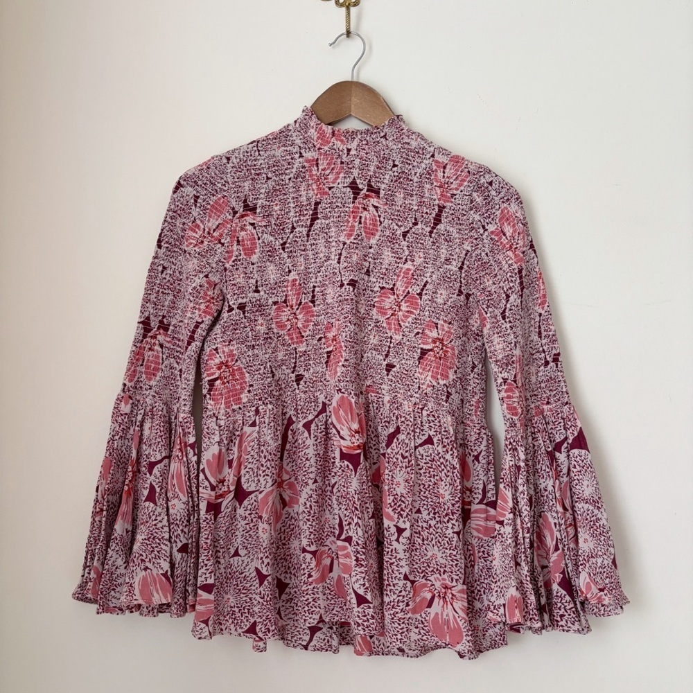 ByTiMo Pink Floral Smocked Blouse Small Summer Boho Luxe - Picture 1 of 9